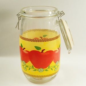 Large glass apple food storage canister with metal bail